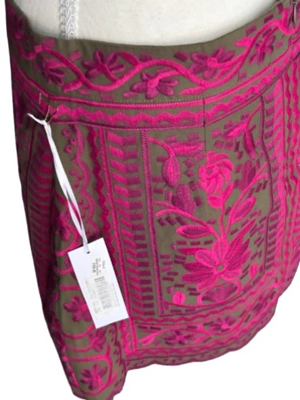 NWT J. MARIE Embroidered Floral Skirt Olive Green Fuchsia Boho Designer Cotton - Picture 7 of 16